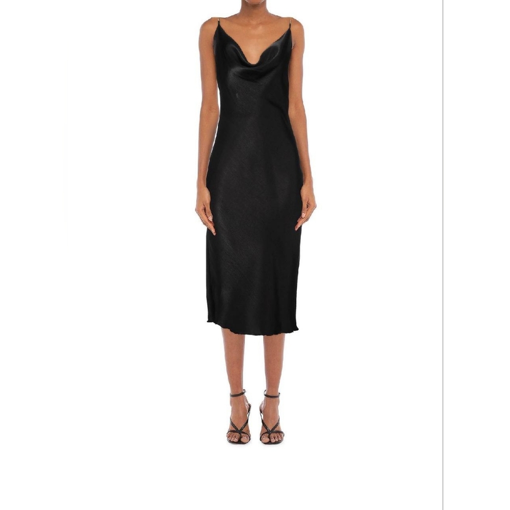 VANESSA SCOTT satin cowl neck black dress with gold chain straps in size M/L